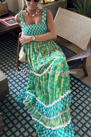 Ric Rac Trim Smocked Bust Lace-Up Maxi Dress