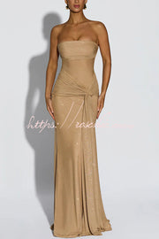 Sequined Mesh Off Shoulder Ruched Maxi Dress for Parties