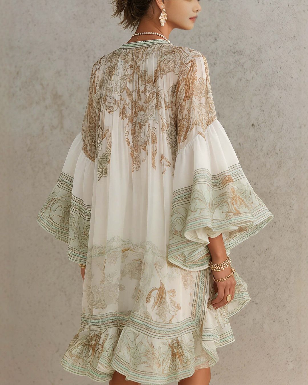 Bell Sleeve Print Ruffle Mini Dress