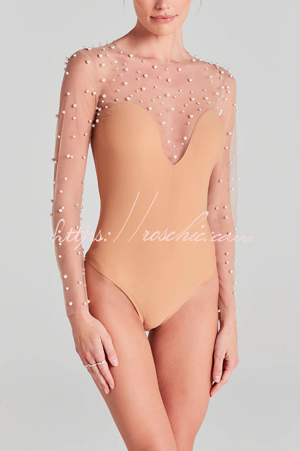 Body à manches longues orné de perles en maille