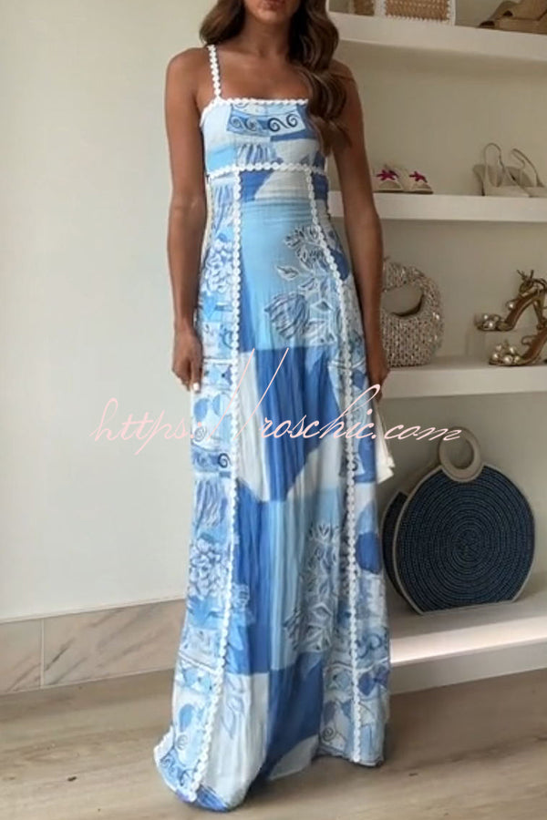 Linen Blend Maxi Dress with Floral Print & Back Tie