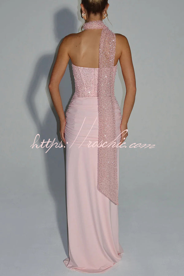 Sequined Satin Jersey Off-Shoulder Ruched Maxi Dress