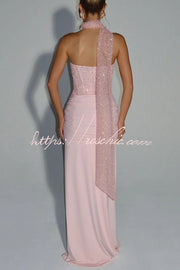 Sequined Satin Jersey Off-Shoulder Ruched Maxi Dress