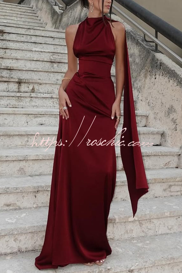 Satin Halter Neck Sleeveless Maxi Dress for Parties
