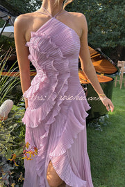 Robe longue dos nu plissée à volants – Robe de soirée asymétrique