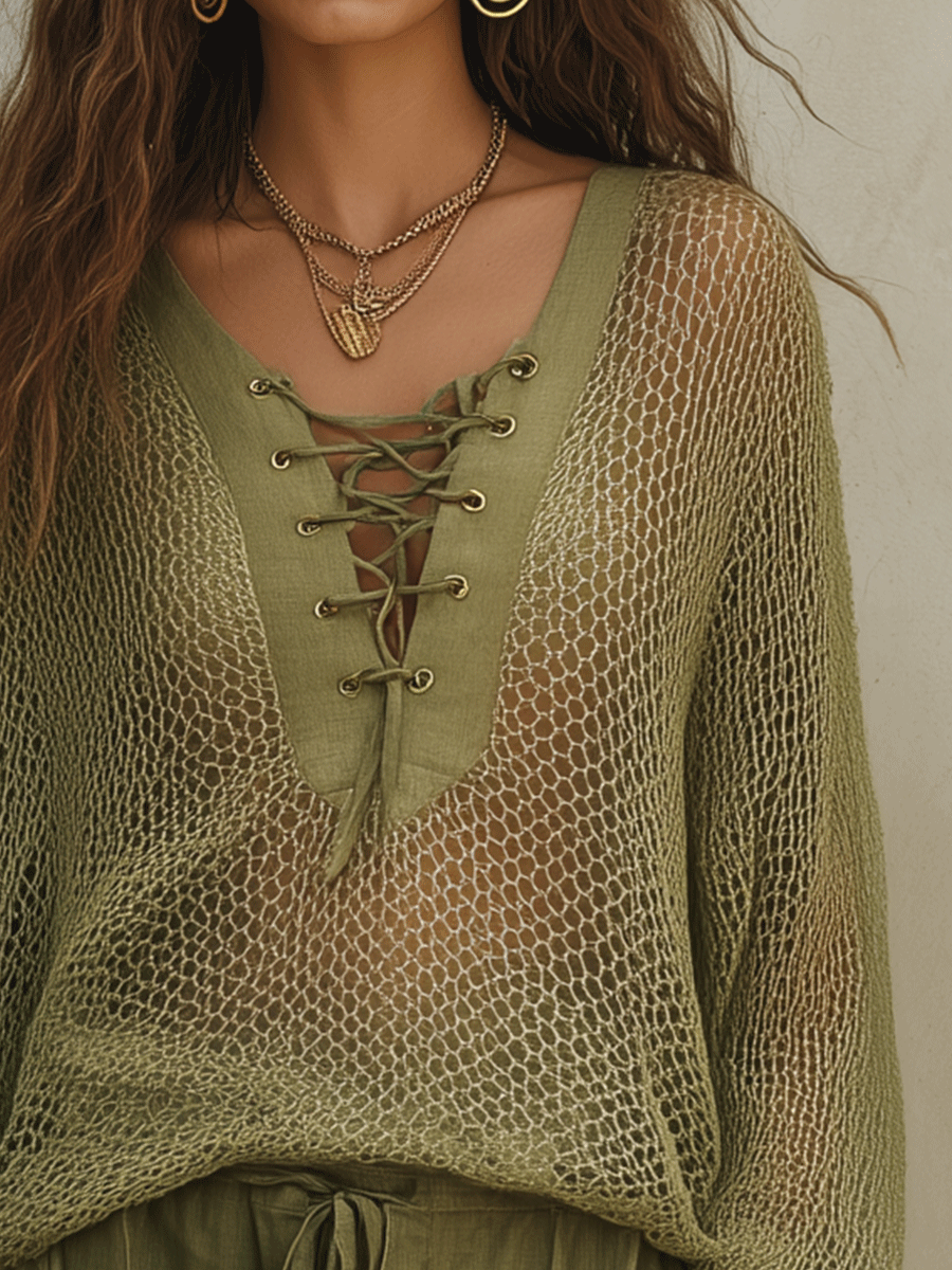 Open-Knit Olive Green Resort Top | Beach Cover-Up