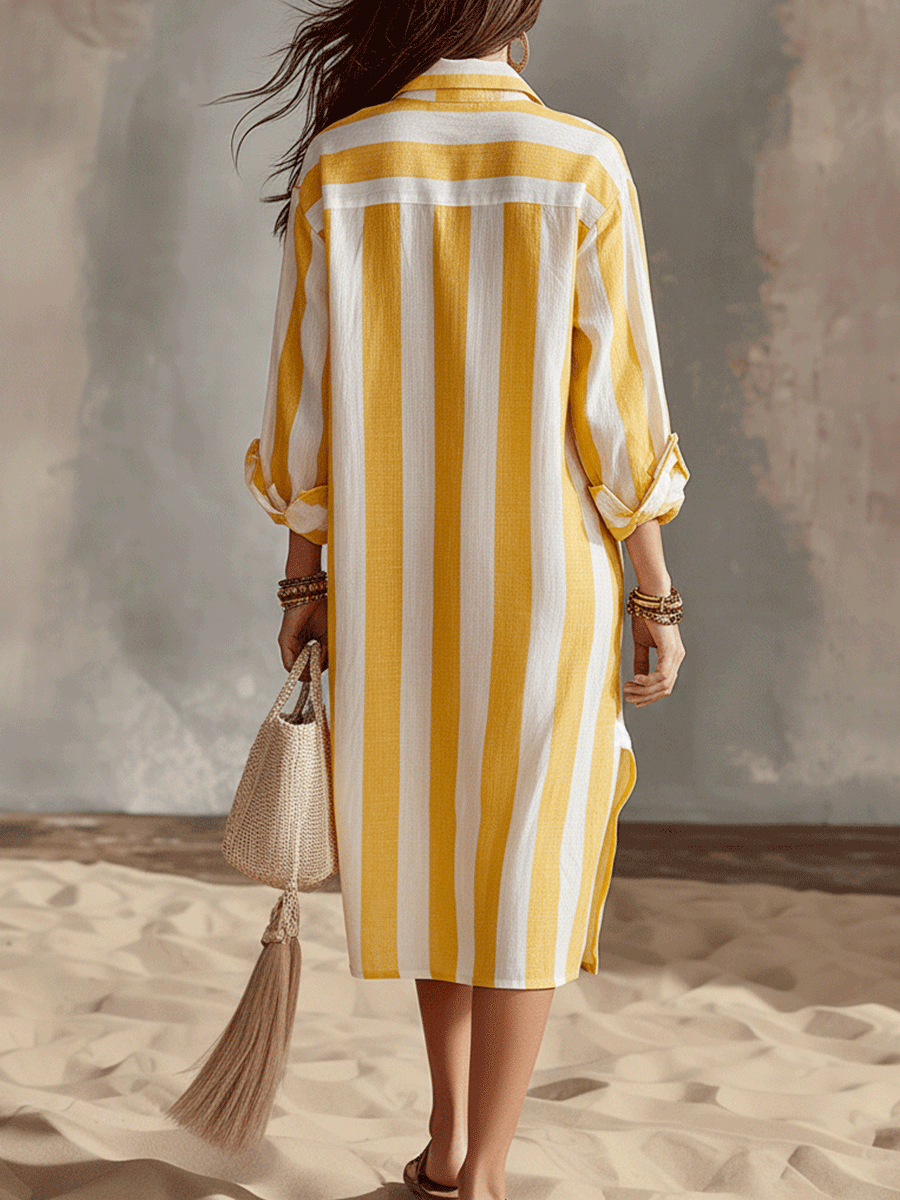 Yellow & White Stripe Relaxed Midi Dress for Resort Wear