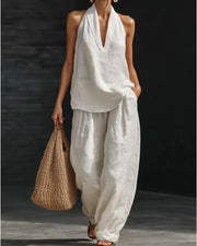 Linen-Blend Halter V-Neck Top & Wide-Leg Trousers Set