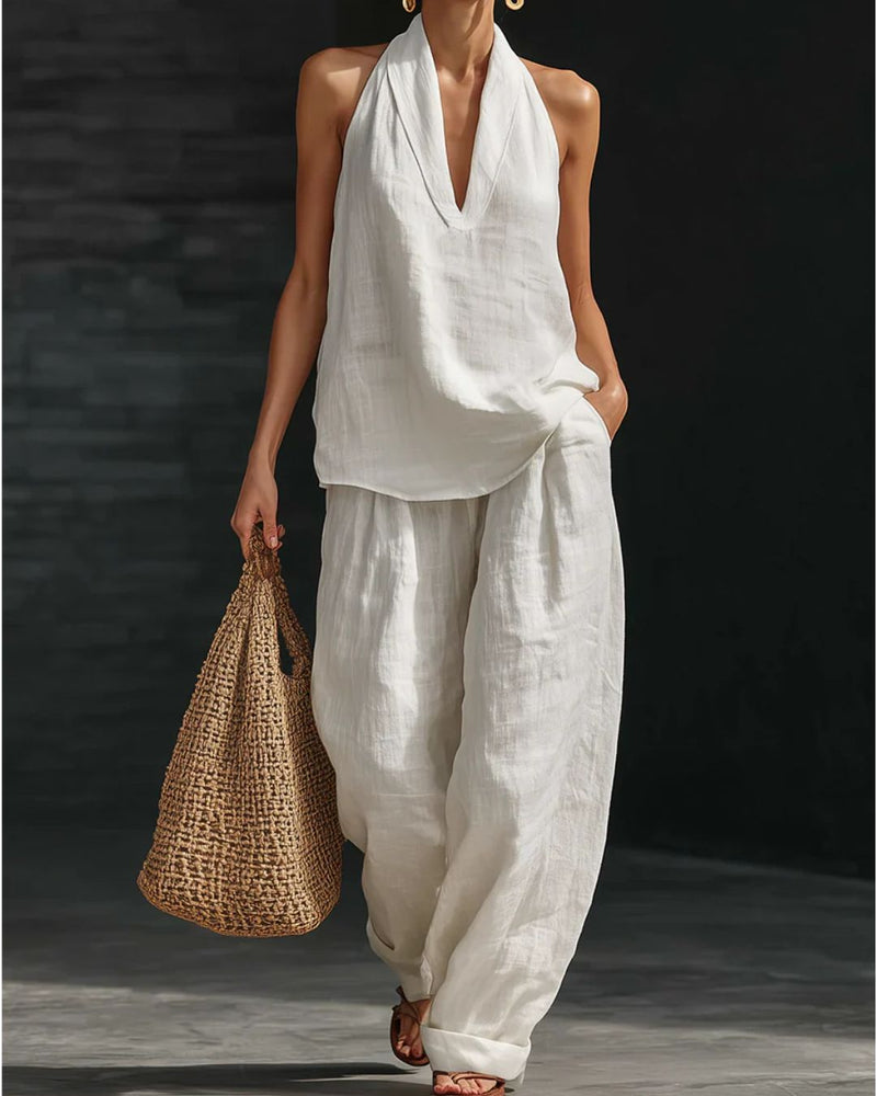 Linen-Blend Halter V-Neck Top & Wide-Leg Trousers Set