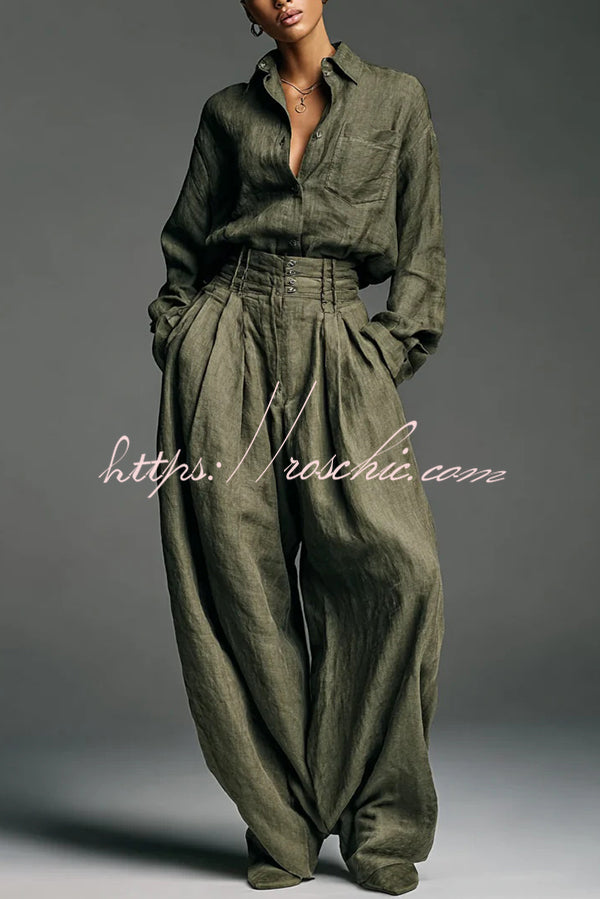 Linen Blend Wide-Leg Pants & Lapel Shirt Set