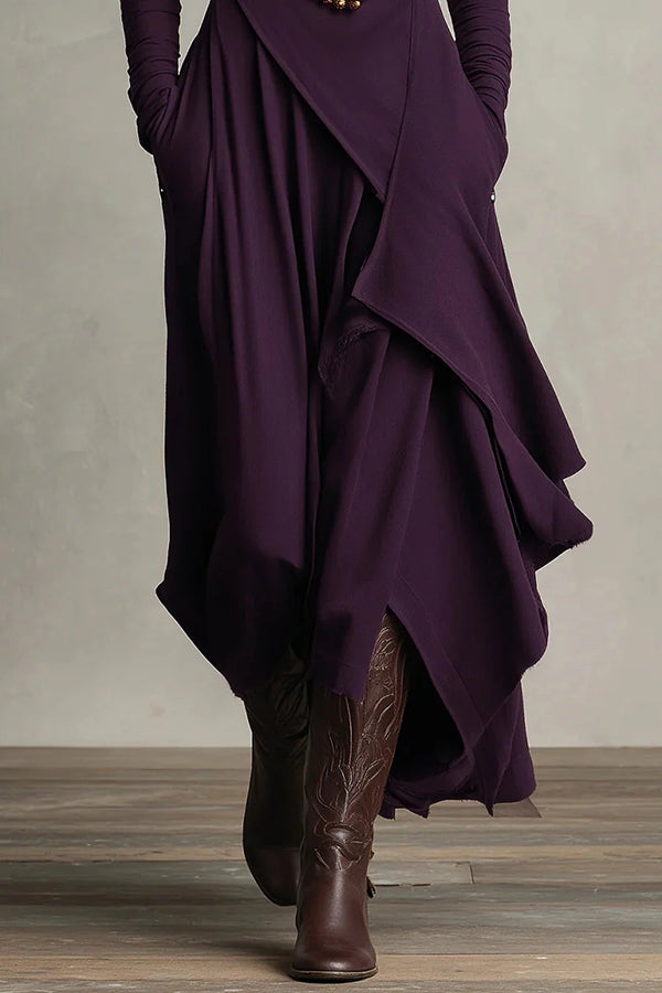 High Neck Long Sleeve Solid Maxi Dress – Irregular Hem