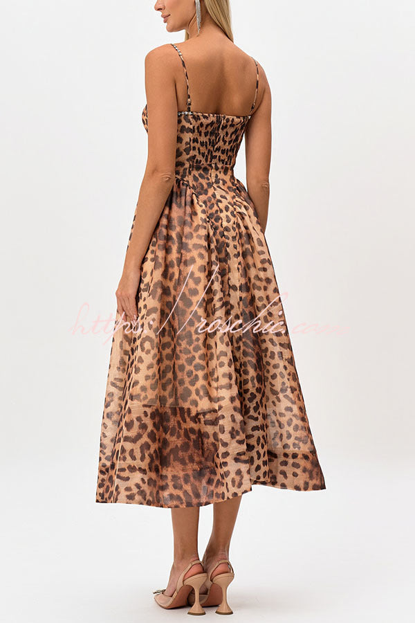Leopard Print Rhinestone Midi Dress with Smocked Back & Pockets