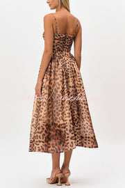 Leopard Print Rhinestone Midi Dress with Smocked Back & Pockets
