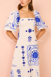 Sherbert Linen Blend Square Neck Bubble Sleeve Maxi Dress