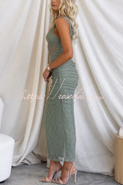 Sweetheart Neck Mesh Ruched Maxi Dress – Sleeveless Party Wear