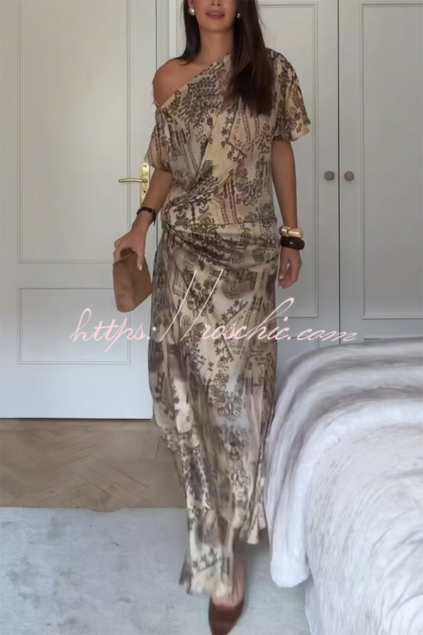 Satin One Shoulder Ruched Maxi Dress with Asymmetrical Hem