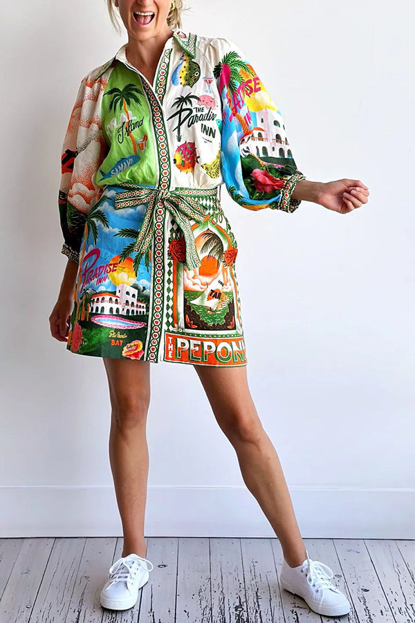 Linen Blend Printed Belted Shirt Mini Dress