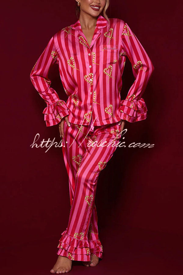 Candy Stripe Tiered Bell Cuff Pajama Set with Pockets