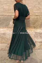 Printed V-Neck Waisted Mesh Maxi Dress for Vacation