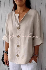Women's V-Neck Loose Button Top – 3/4 Sleeve Casual Blouse