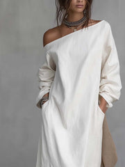 One Shoulder Cotton Linen Midi Dress with Split Hem