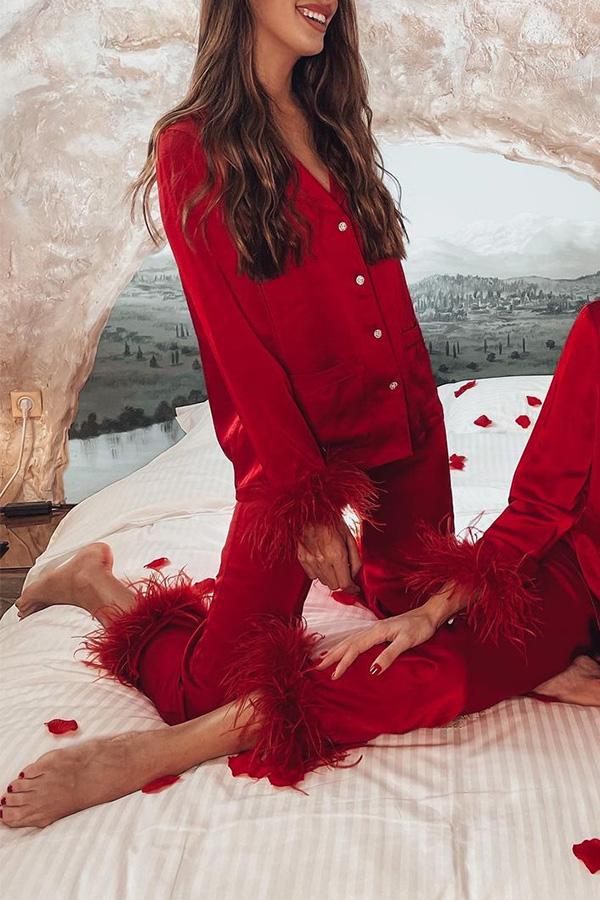Feather Trim Lapel Two-Piece Pant Suit | Solid Color