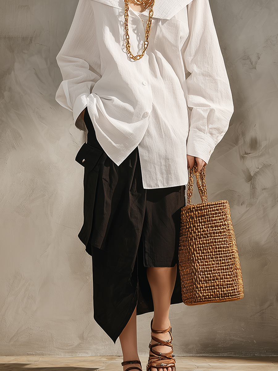 Minimalist White Shirt & Black Midi Skirt Set