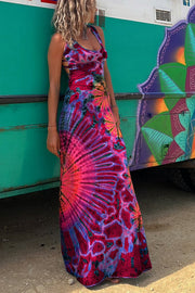 Tie-Dye Print Lace-Up Back Stretch Maxi Dress