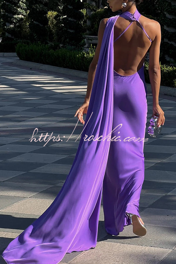 Satin One Shoulder Backless Cape Maxi Dress