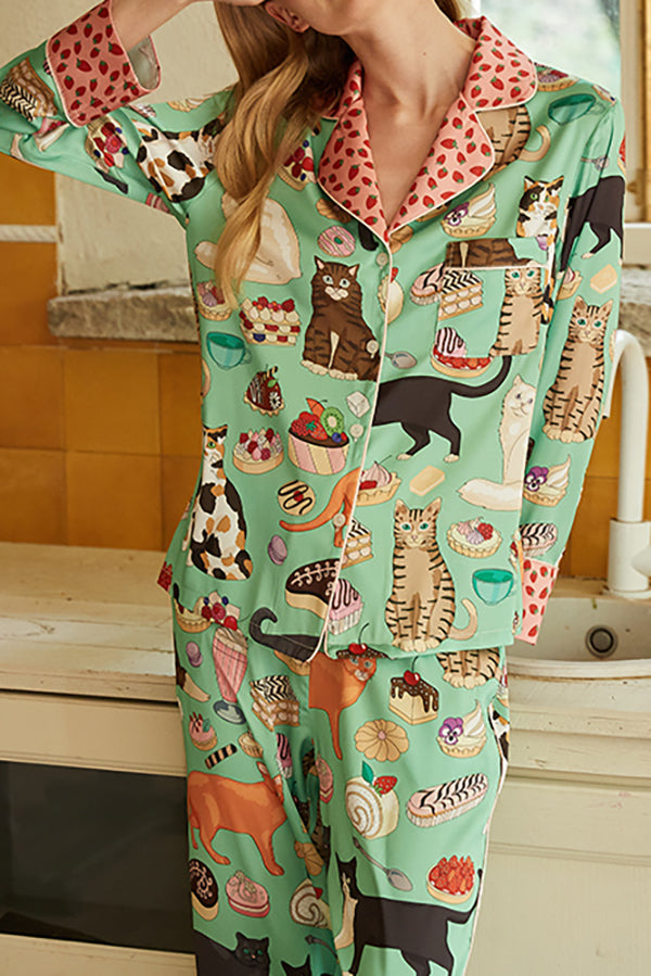 Coffee Cat Print Long Sleeve Two-Piece Lounge Set