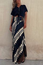 Satin Geometric Print Maxi Skirt with Elastic Waist