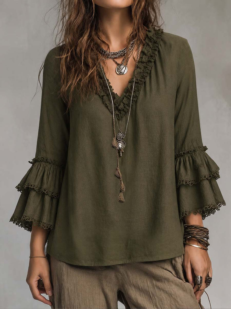 Cotton Linen Long-Sleeve Blouse with Ruffled Lace Detail