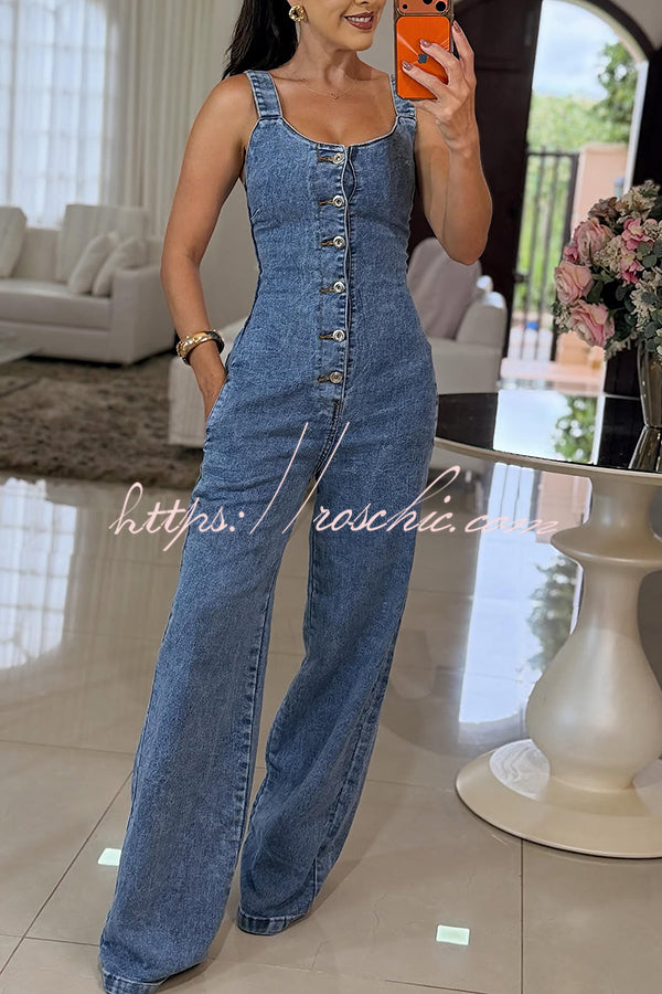 Women's Denim Square Neck Flare Jumpsuit – Smocked Back