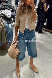 Wide Leg Denim Bermuda Shorts with Pockets, Loose Fit