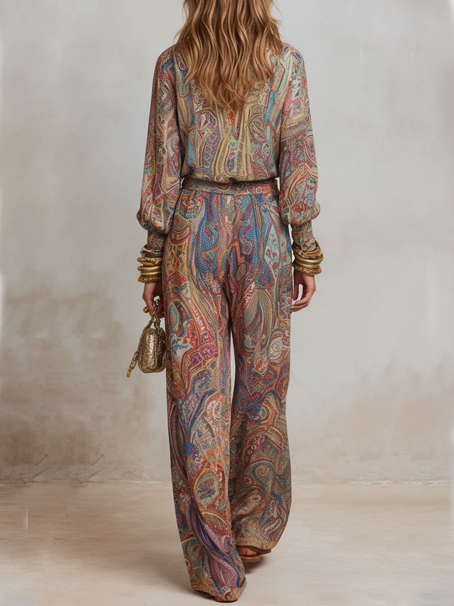 Paisley Print Wide Leg Pantsuit | Women's Pants Set