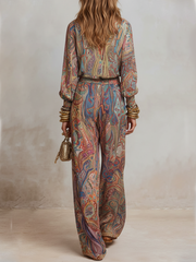 Paisley Print Wide Leg Pantsuit | Women's Pants Set