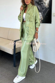 Metallic Wide Leg Pants with Elastic Waist & Pockets