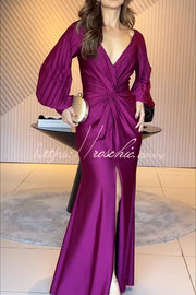 Satin Balloon Sleeve Twist Waist Maxi Dress with Slit