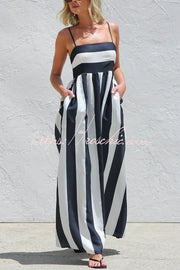 Color-Block Striped Maxi Dress with Square Neck and Pockets