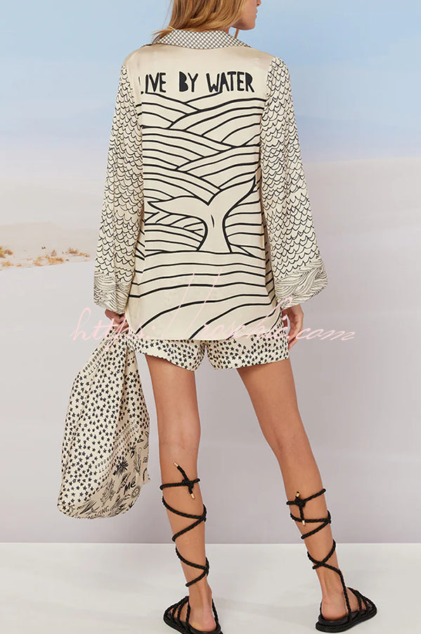Satin Letter Print Shirt & Shorts Set | Loose Vacation Two-Piece