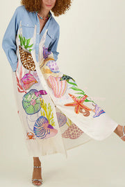 Manteau chemise maxi patchwork imprimé marin avec poches