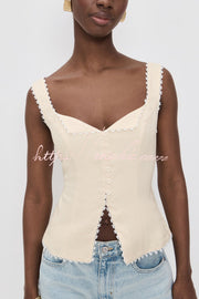 Gilet sans manches à col en V et bordure en dentelle | Coupe slim en mélange de lin