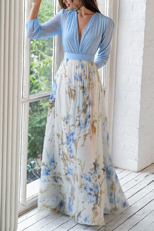 Plant Print V-Neck Maxi Dress – Long Sleeve Loose Fit