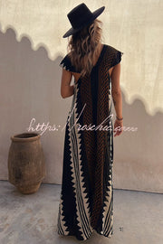 Ethnic Print V-Neck Maxi Dress – Loose Fit Vacation Style