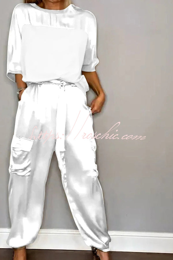 Satin Half-Sleeve Top & Elastic Waist Pants Set