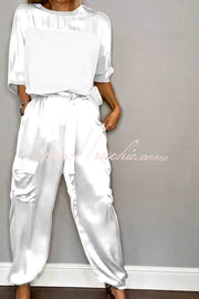 Satin Half-Sleeve Top & Elastic Waist Pants Set