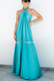 Satin Halter Backless Maxi Dress – Sleeveless Vacation Wear
