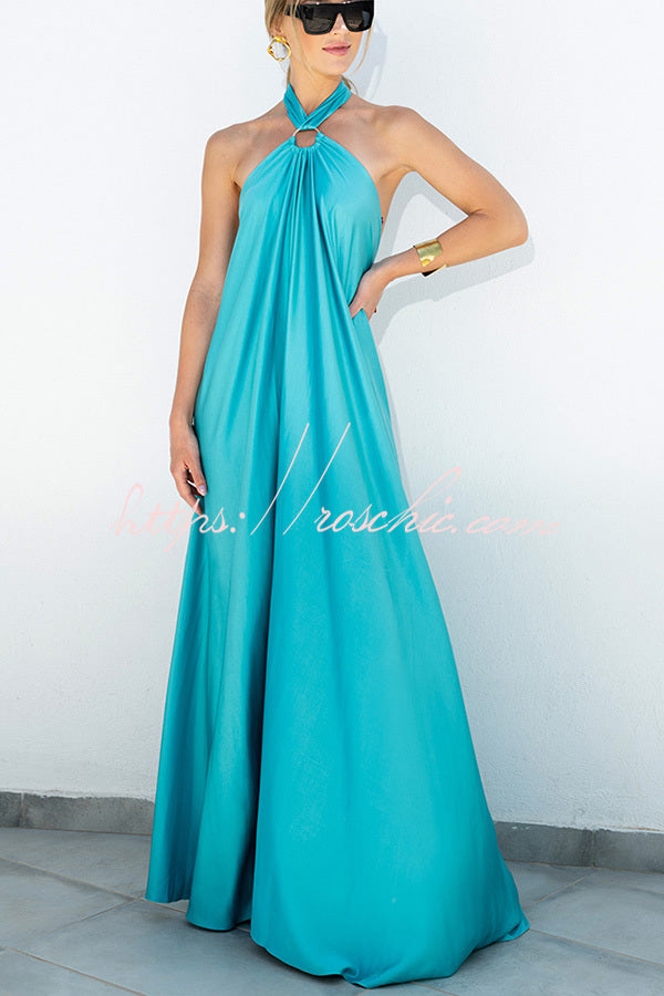 Satin Halter Backless Maxi Dress – Sleeveless Vacation Wear