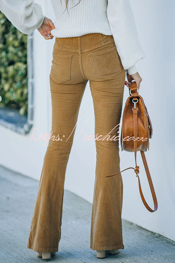 Women's Corduroy Bell Bottom Pants with Elastic Waist