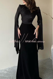 Ruched Organza Satin Patchwork Maxi Dress with Bell Sleeves